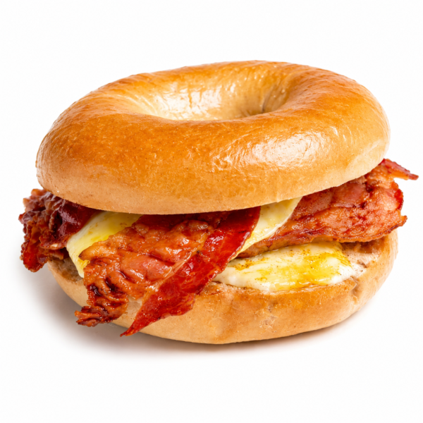 French toast bagel with egg sausage bacon and maple drizzle