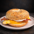homerun bagel with egg bacon and cheese on everything bagel