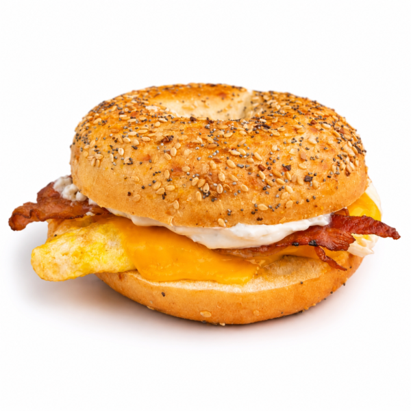 homerun bagel with egg bacon and cheese on everything bagel
