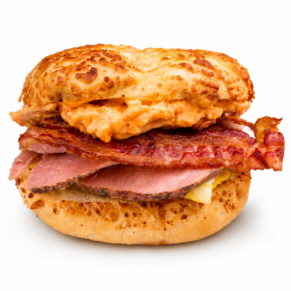 asiago bagel sandwich with pimento cheese bacon and ham