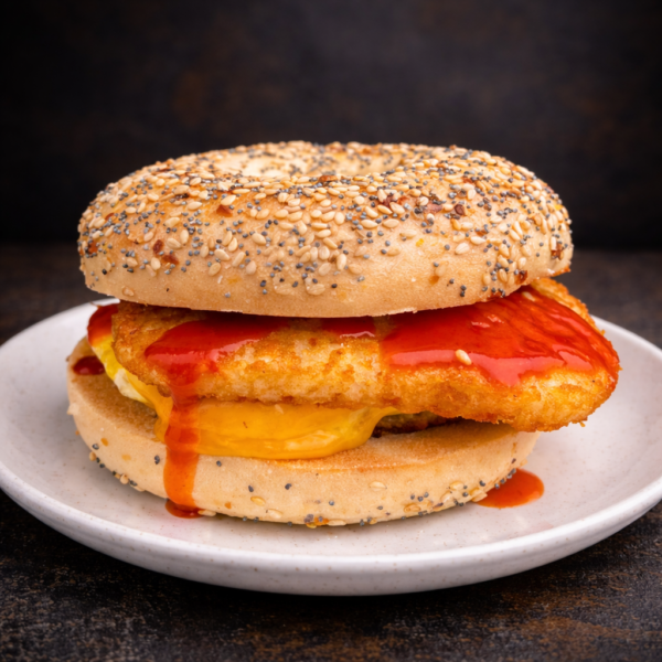 everything bagel with egg cheese sausage hash brown and hot sauce