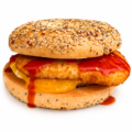 everything bagel with egg cheese sausage hash brown and hot sauce