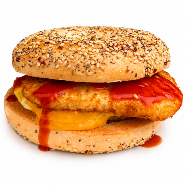 everything bagel with egg cheese sausage hash brown and hot sauce