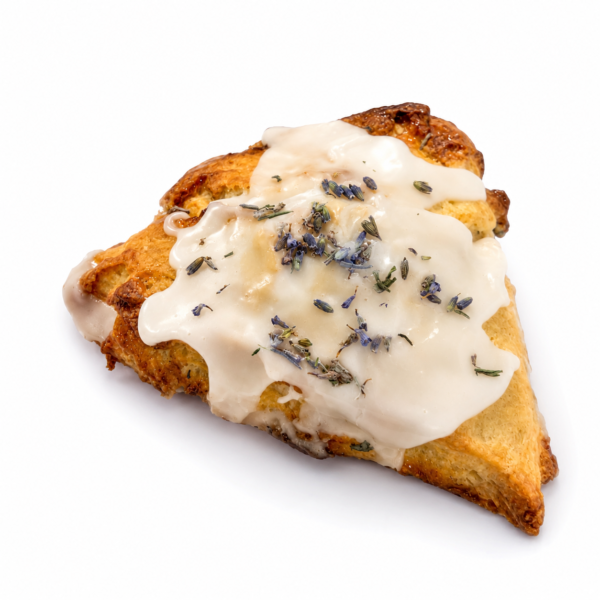 A house-baked lavender & white chocolate scone